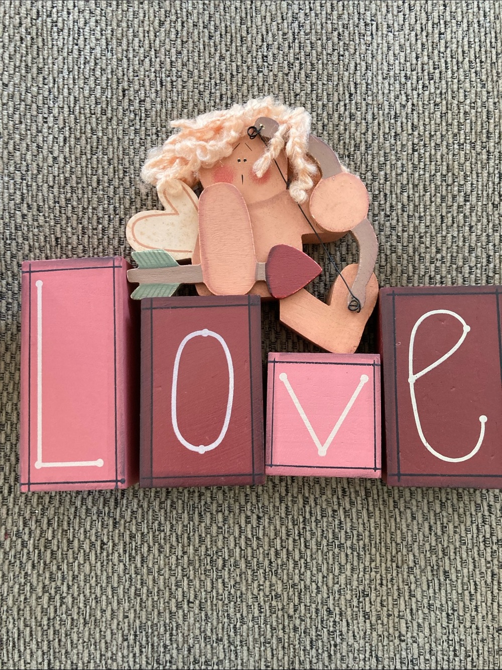 Love block wooden decor with Cupid. Brand new in box